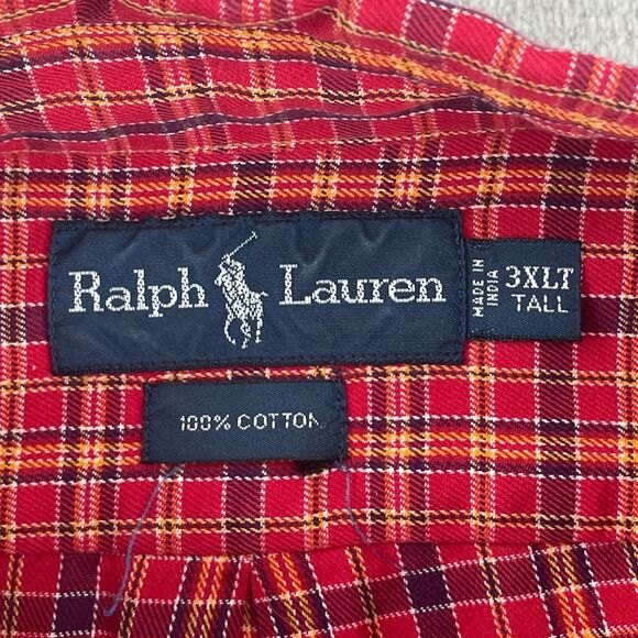 Polo‎ Ralph Lauren Shirt Men 3XLT Tall Red Plaid Long Sleeve Preppy Blue Pony - Picture 2 of 9